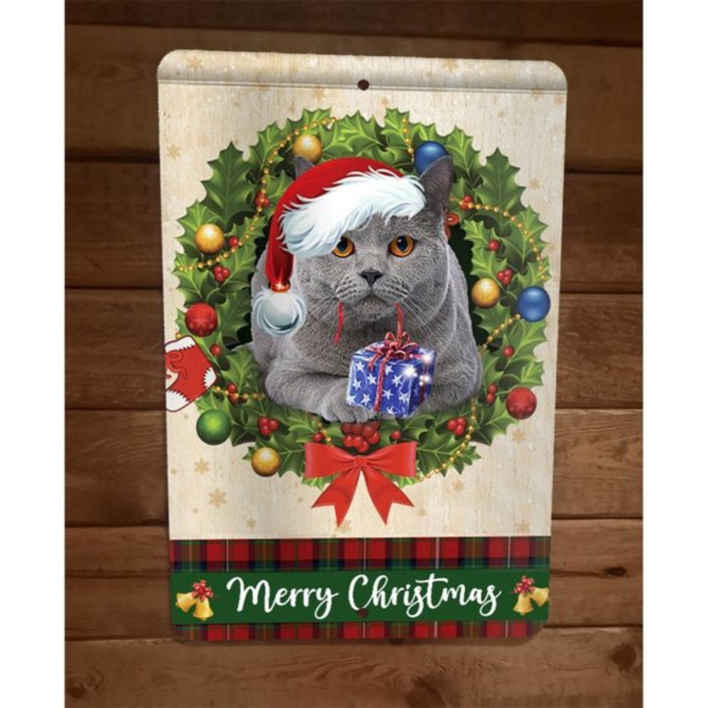 Merry Christmas Russian Blue Cat Xmas 8x12 Metal‎ Wall Sign Animal Poster